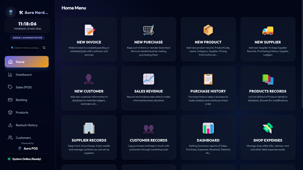Aura POS Home Menu